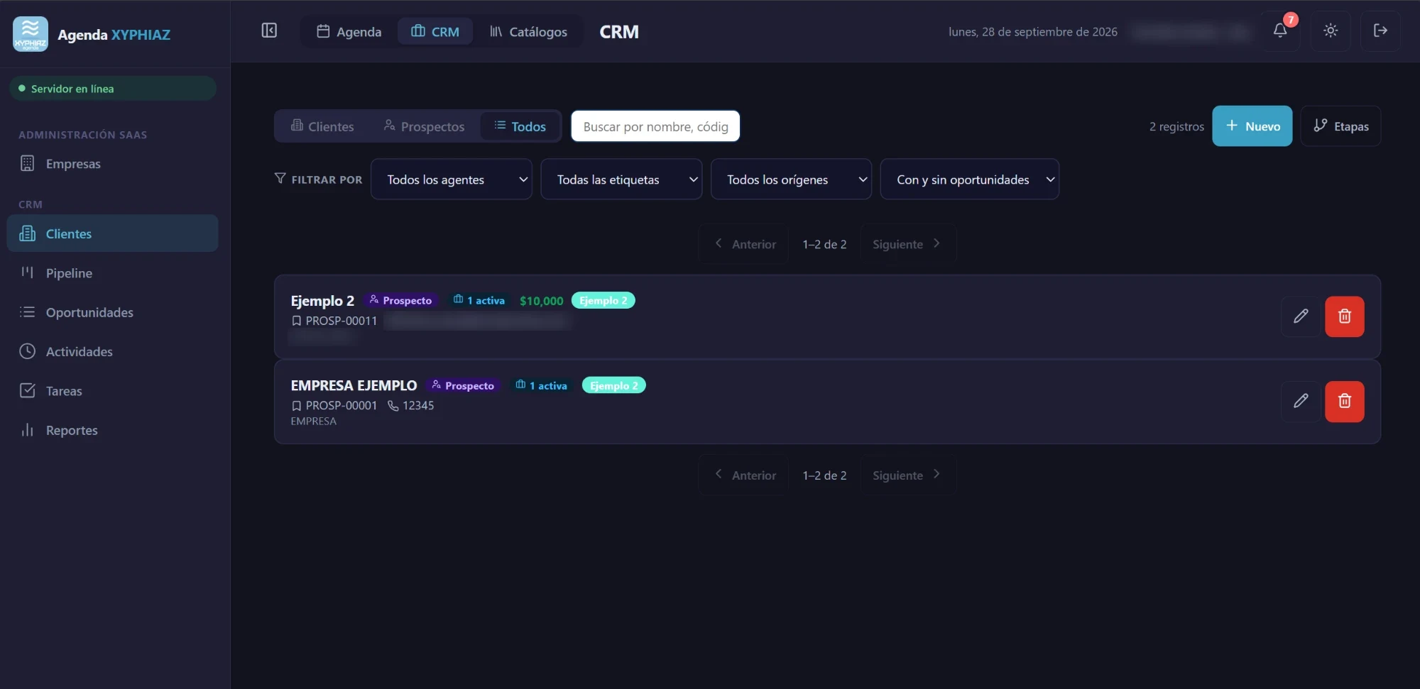 Lista de clientes y prospectos del CRM de Xyphiaz