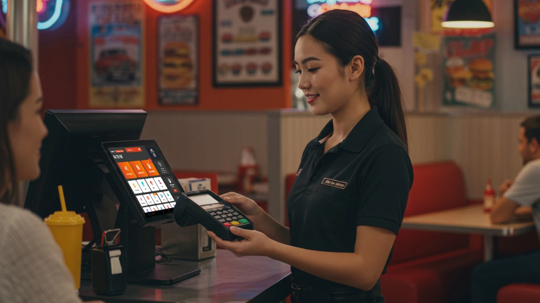 Cajera usando sistema POS Xyphiaz en restaurante