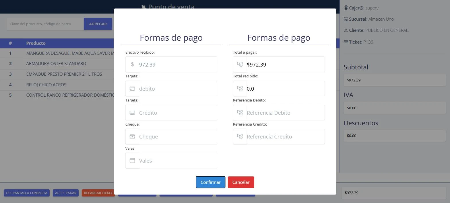 Ventana de cobro de Xiphias con efectivo, tarjeta de débito y crédito, cheque y vales